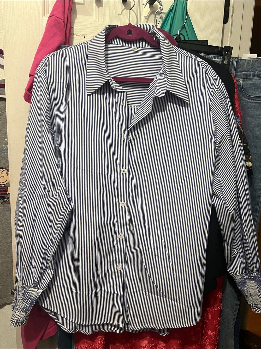 Amazon Women's Navy and White Stripe Button-Down Shirt